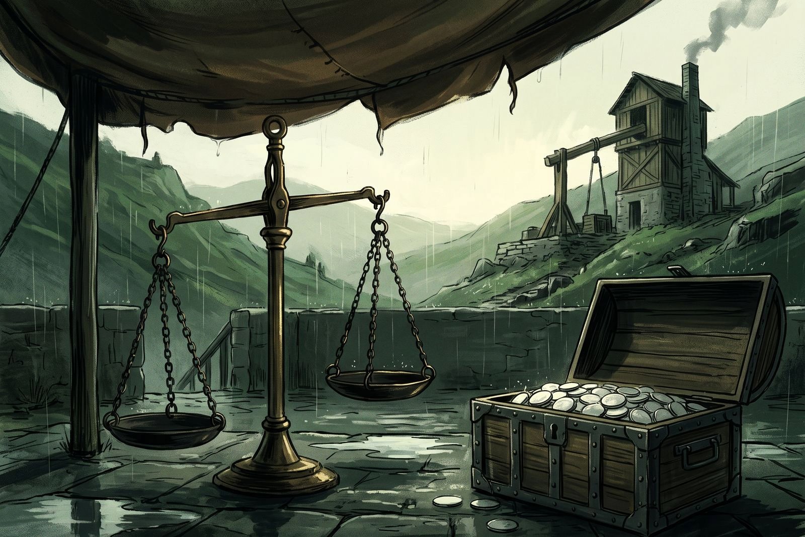 A bronze balance and an open chest of silver coins wait under a leather awning in a rainy mint yard, with a beam-engine tower smoking on the hill behind.