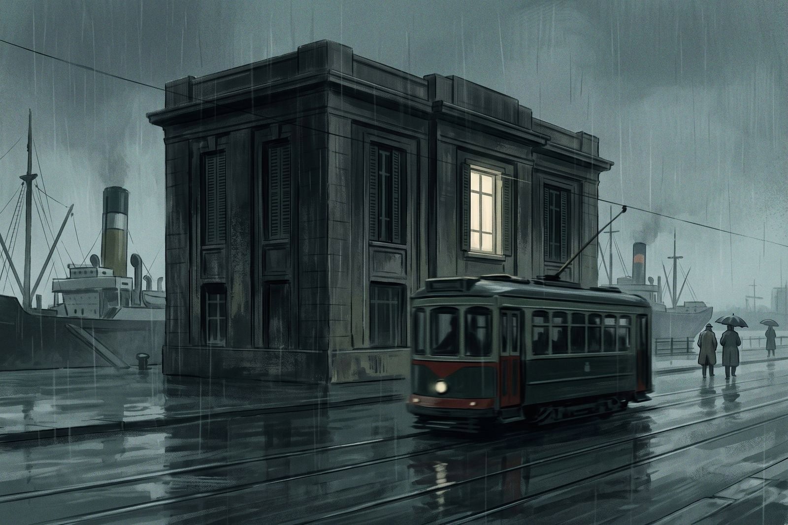A soot-blackened stone office building stands on a rainy seafront as a tram passes and grain freighters wait at the quay.