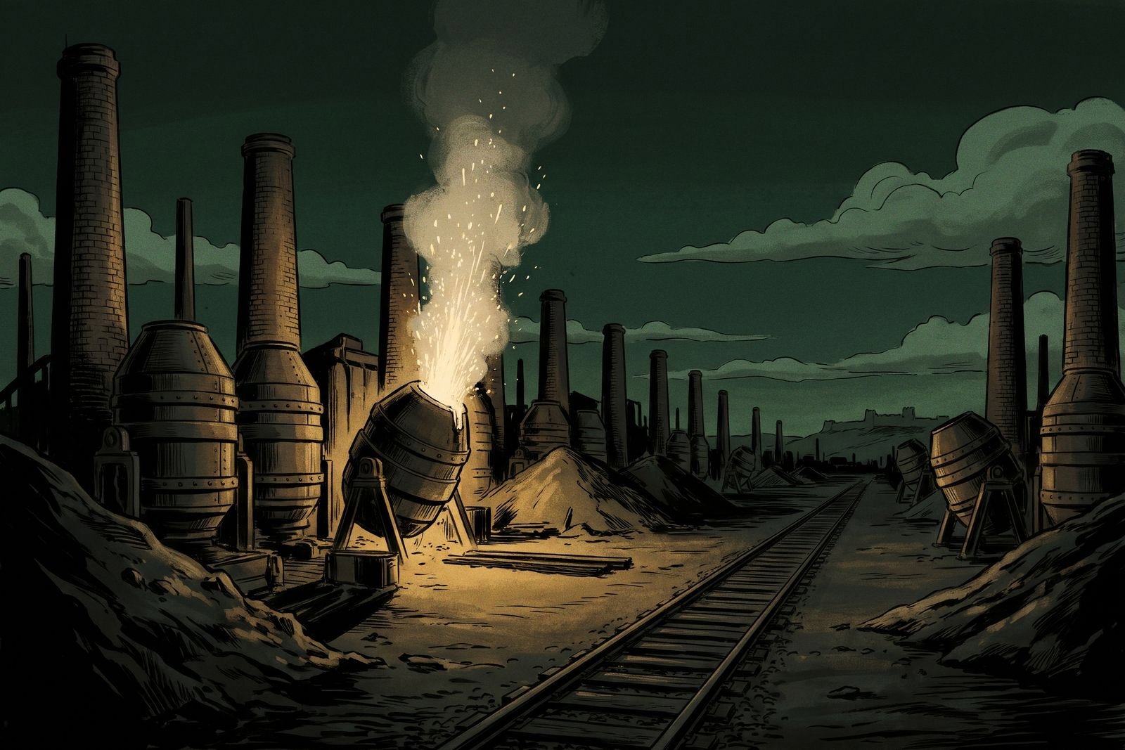 A wide night view of an iron-ore basin with blast-furnace towers, slag heaps and a tilted converter throwing a column of sparks.