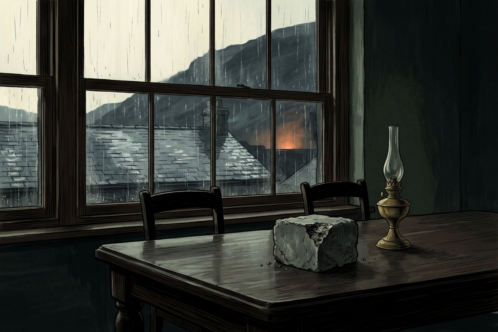 A grey, crumbling block of furnace lining lies on a wooden table in an empty boardroom while rain runs down the window.
