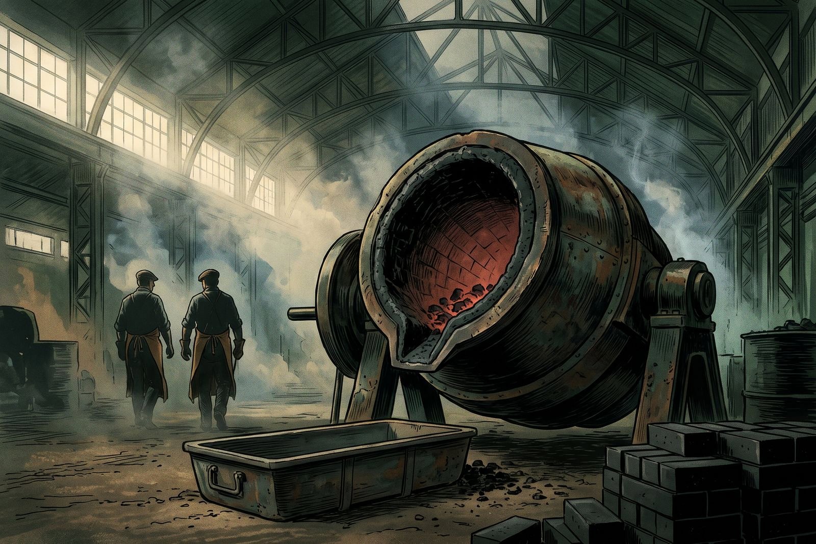 A large tipped steel converter being relined with dark bricks in a vaulted works hall, with two workmen seen from behind.