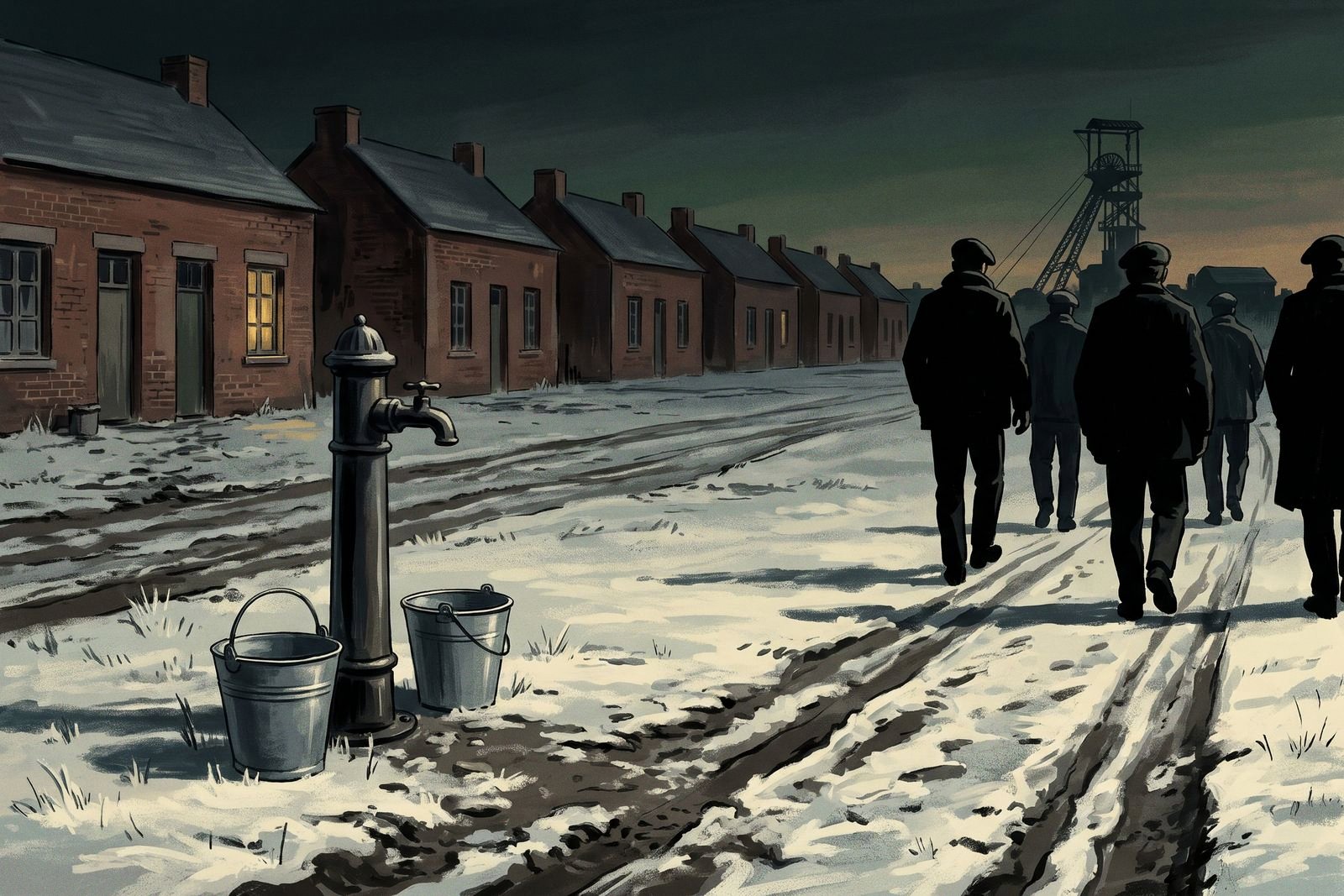 Two zinc buckets stand beside an iron water pump in front of a row of brick miners' houses at dawn, with a mine headframe in the distance.