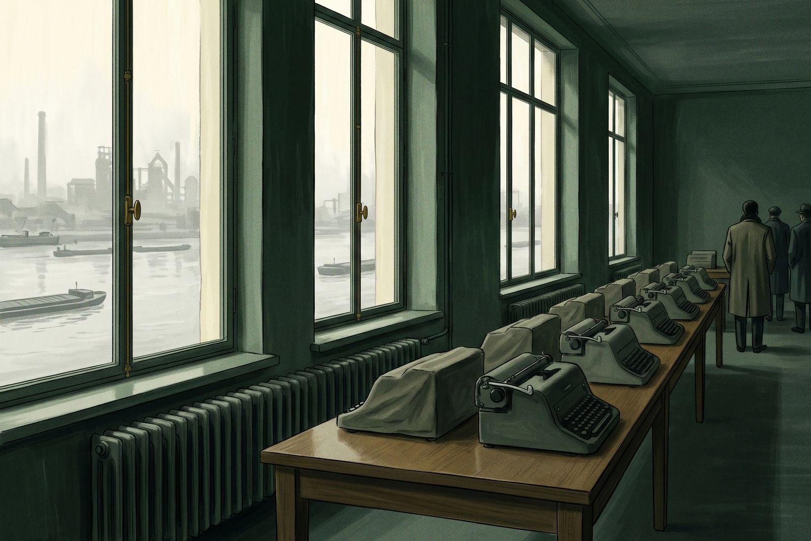 A row of covered typewriters on a long table in a bare hall whose tall windows overlook a river with barges and distant steelworks.